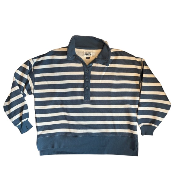 American Eagle AE big hug Henley oversized sweatshirt lived-in blue stripe sz S - Picture 3 of 15